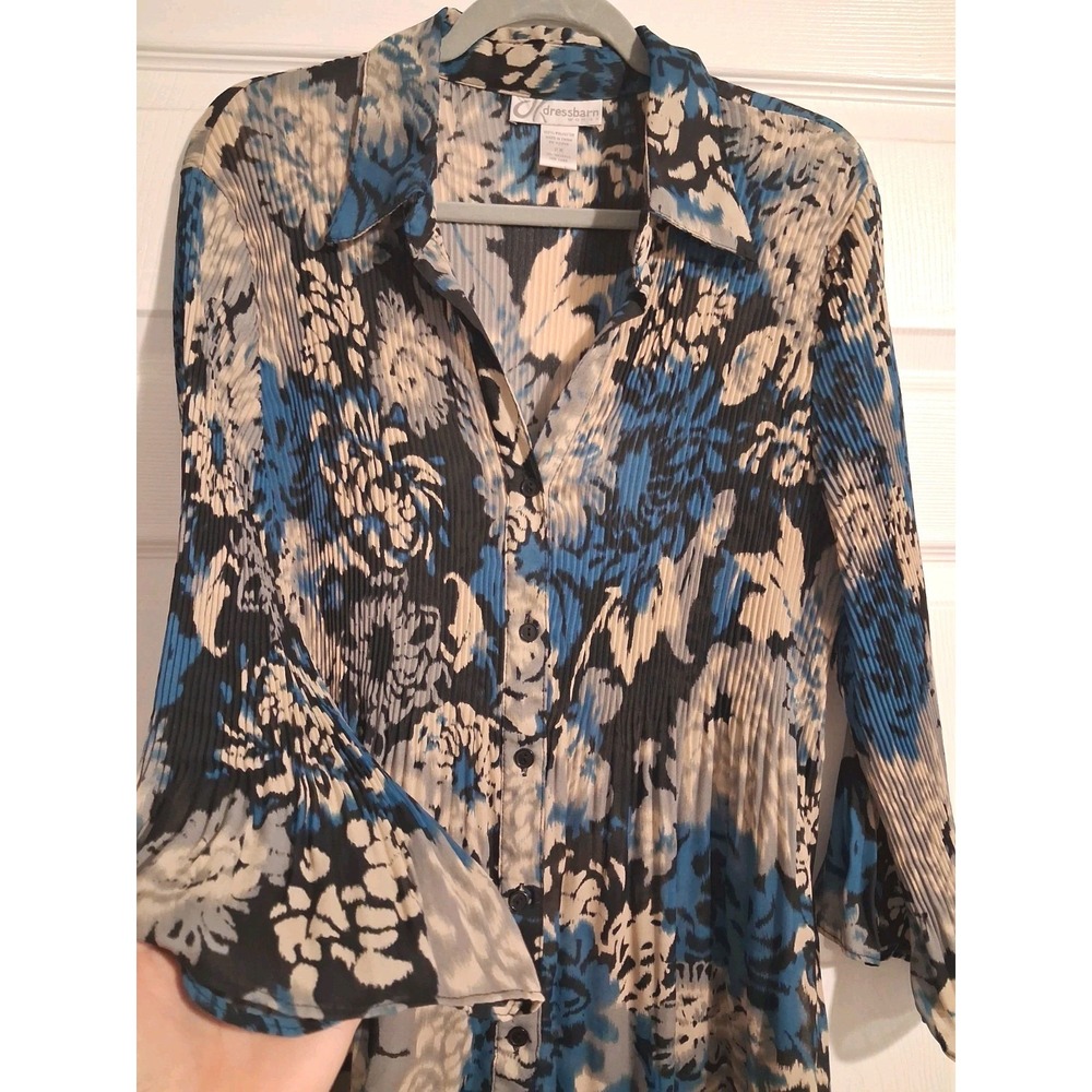 Dressbarn Woman 2X Pleated Bell Sleeve Blouse Abstract Floral Boho Artsy Sheer